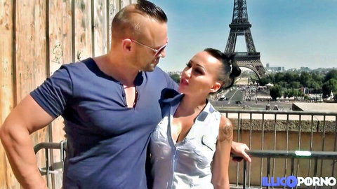 Lena brunette with big tits and muscular guy posing affectionately by Eiffel Tower