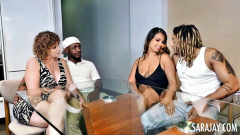 Sara Jay and Latina babe with two black studs in foursome tease