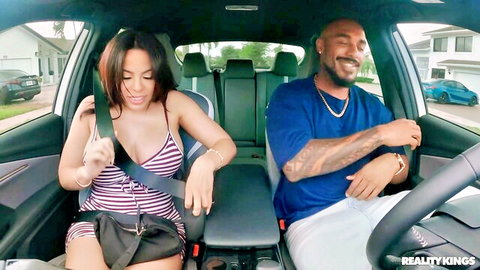 Luna Star and Willow Ryder in sexy car ride with driver, smiling playfully