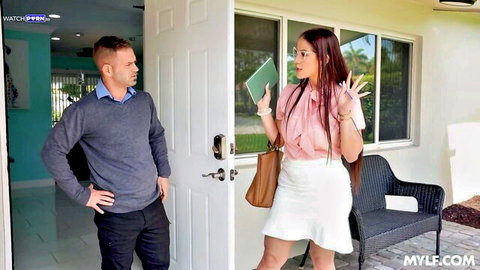 Miss Raquel as sassy Karen in short skirt and blouse at door, MylfLabs