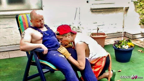 German granny with big tits seducing older man for garden blowjob