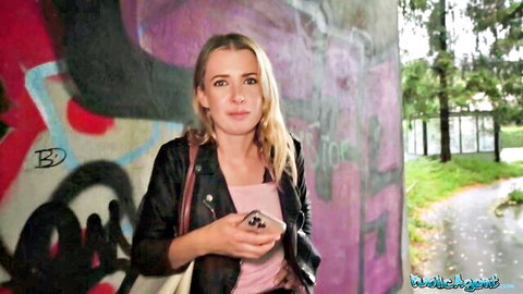 Athletic blonde flashing pink top cleavage in public tunnel