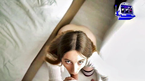 POV skinny brunette babe in socks spreads legs showing shaved pussy opens mouth for cock suck
