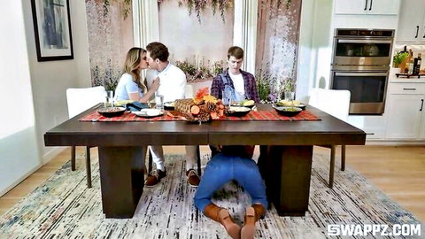 Hyley Winters and Krystal Sparks under table blowjob at family dinner