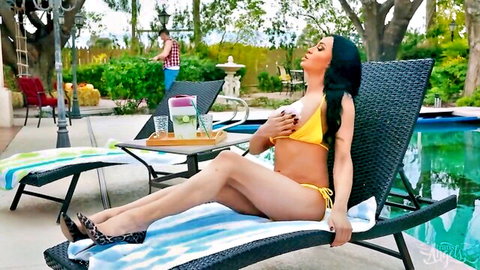 Trans star Kimberlee topless by pool, Michael Jackman eats her out