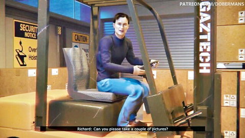 3D CGI man in purple sweater driving forklift in warehouse with security signs
