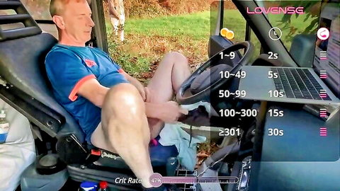 Hairy dad in car seat strokes thick erect cock outdoors with Lovense stats overlay