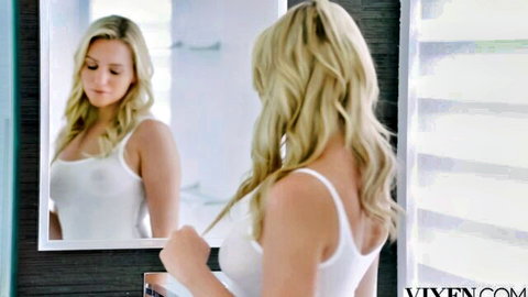 Mia Malkova sexy blonde teen brushing long hair in tight white tank top