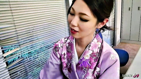 Japanese geisha teen in purple kimono from uncensored JAV gangbang