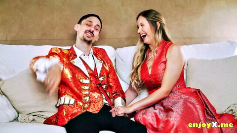 Stella Cardo in red dress with partner, teasing stepdaughter scene