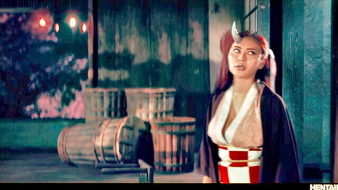 Seductive demon girl with red hair and horns in open kimono, JAV fantasy solo