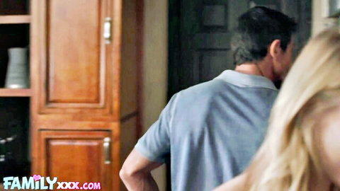 Blonde stepdaughter embraces horny stepdad from behind in seductive taboo scene