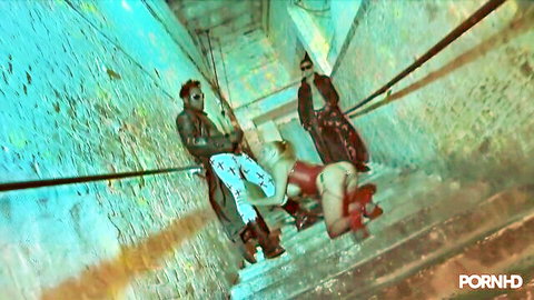 Blonde in red latex bent over stairs for intense anal threesome