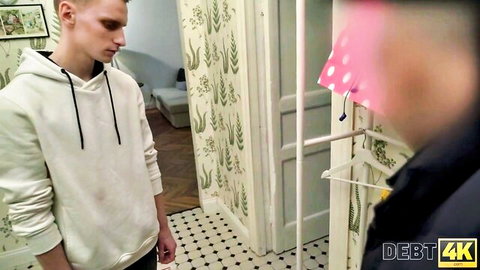 Debt collector confronts young man over housewife's unpaid debts in bathroom