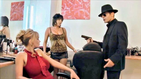 Threesome sex with two hot girls: blonde in red dress and brunette in leopard at salon