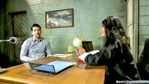 Latin TS judge in robe with offender in courtroom roleplay