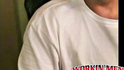 Muscular working man in tight white Workin' Men t-shirt showing ripped chest for gay porn