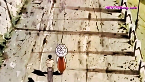 Hentai couple walks up stone stairs, girl in red robe with umbrella ahead of shirtless man