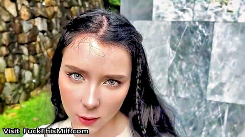 Stunning teen student with wet hair and seductive gaze in outdoor POV scene