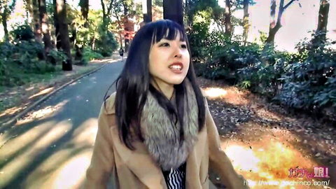 Japanese woman in fur-collared coat smiling in park, gachip274 JAV thumbnail
