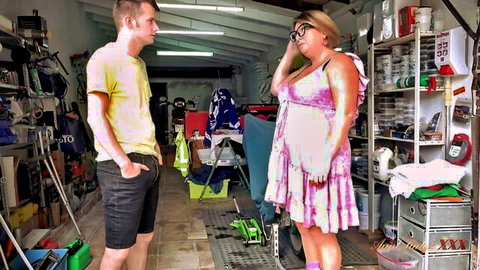 Curvy blonde JoJo in flowy purple dress teases nephew in amateur garage scene