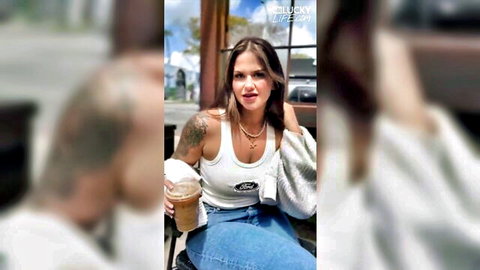 Bella Mia sips coffee in LA, casual tank top and jeans hookup vibe