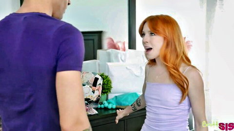 Madi Collins as redheaded stepsister in purple dress, teasing Black Friday deal