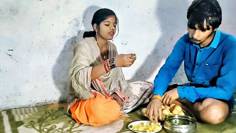 Indian couple in saree and shirt eating panipuri teasingly before sex