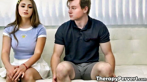Penelope Kay as teen stepsister in therapy session with stepbrother on couch