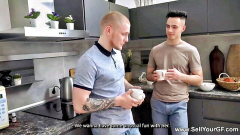 Petite anxious teen strips topless with two men in amateur tease