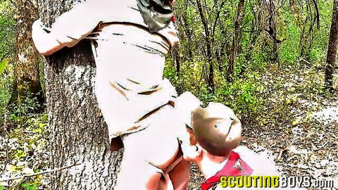 Scout tied to tree in forest gets playful anal from twink outdoors
