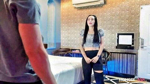 Thai chef in checkered top and ripped pants preps for first sex scene with man