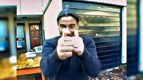 Mature man with long hair thumbs up in blue sweater, round assed MILF double penetration scene