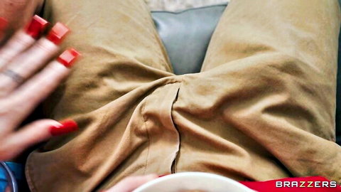Woman with red nails teases open khaki pants in Brazzers big load scene