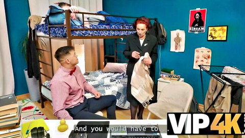 Redhead mature teacher in suit chats with naughty student