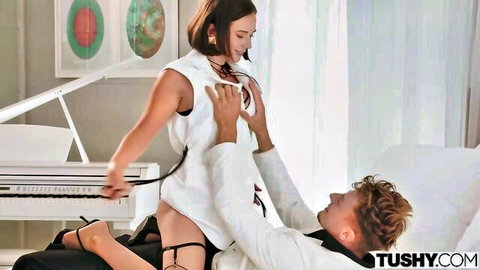Sublime Eve in open white blouse and garters embracing suited man intimately