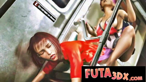 3D futa blowjob scene with redhead sucking brunette on subway train