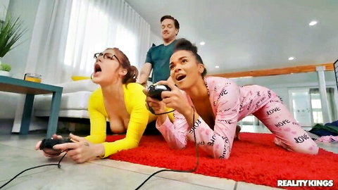 Aria Kai and Alina Ali in sexy pajamas gaming with Kyle Mason
