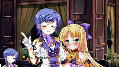 Anime girls in historical cosplay uniforms embracing intimately