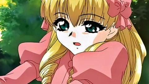 Blonde hentai babe in pink dress with big green eyes surprised expression outdoors