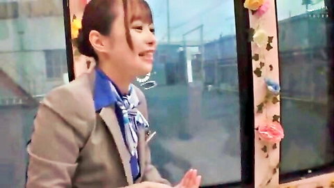 Japanese teen in uniform smiling post-blowjob with creamy mustache