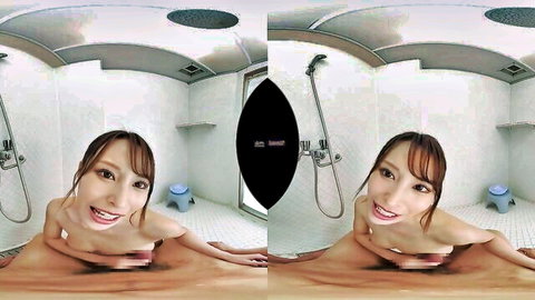 Nude Asian woman smiling seductively in VR bathroom spread legs solo