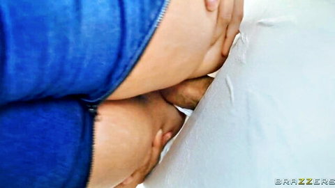 Chubby woman unzips jeans to grip thick Latino cock, teasing penetration