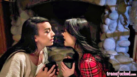 Lulu Chu cozy intimate moment by fire with shemale