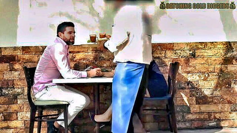 Suited man chats up curvy woman in tight blue skirt and heels at outdoor cafe table