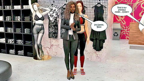Ebony businesswoman and redhead athlete in boutique with lingerie mannequin
