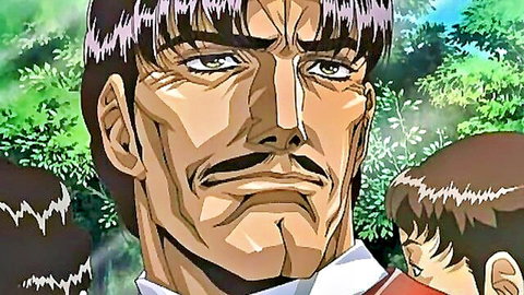 Intense anime man with purple hair and mustache in white shirt, mysterious forest background