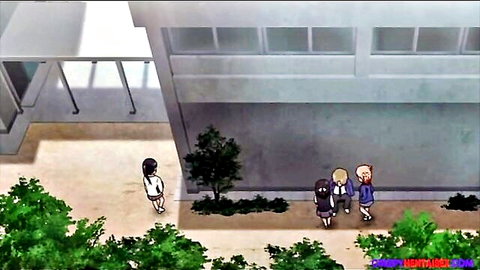 Anime schoolgirls in uniforms bullying a male student outdoors