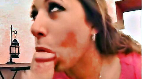 Blonde MILF's face covered in thick cumshot facial with tongue out licking it