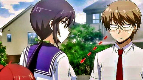 Anime Japanese schoolgirl in sailor uniform blushes talking to shy glasses boy outdoors